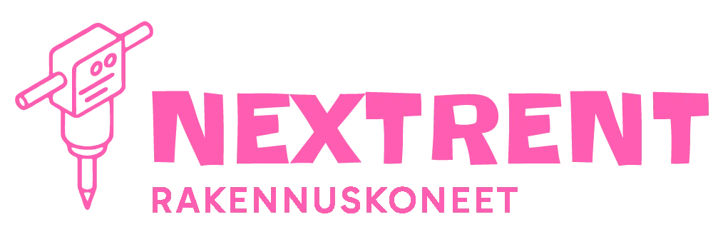Rosa teckning av en robot med ett pennritande huvud, logotyp och texten 'NextRent Rakennuskoneet'.