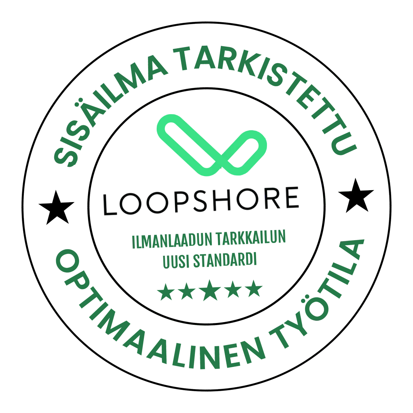 Leima jossa on Loopshoren logo, kuvastaa tilannetta jossa tilalle on annettu ilmanlaatu- ja olosuhdemittausten perustaalle hyväksyntä terveellisestä tilasta.